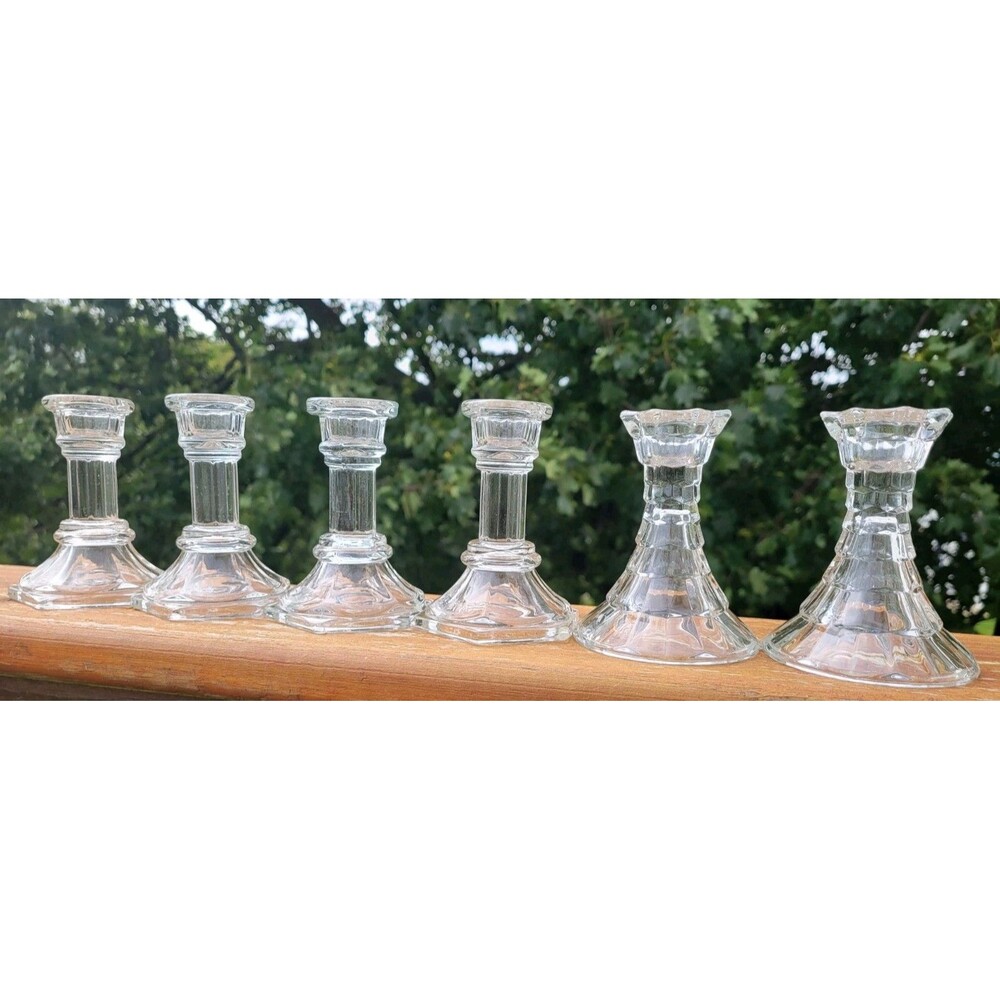 Clear glass Assorted Votive Candlesticks 4" Single Mismatched Lot of 6 Vtg 1990s